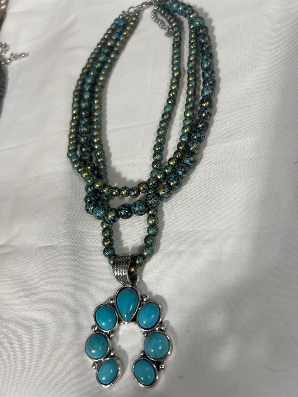 Turquoise Bead Multi-Strand Necklace with Silver Pendant